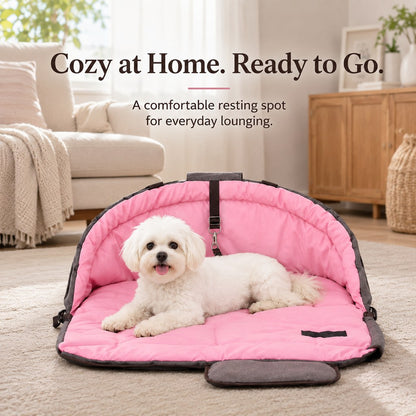 Pink foldable dog travel bed cozy at home