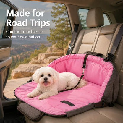 Pink foldable dog travel bed for road trips and car rides