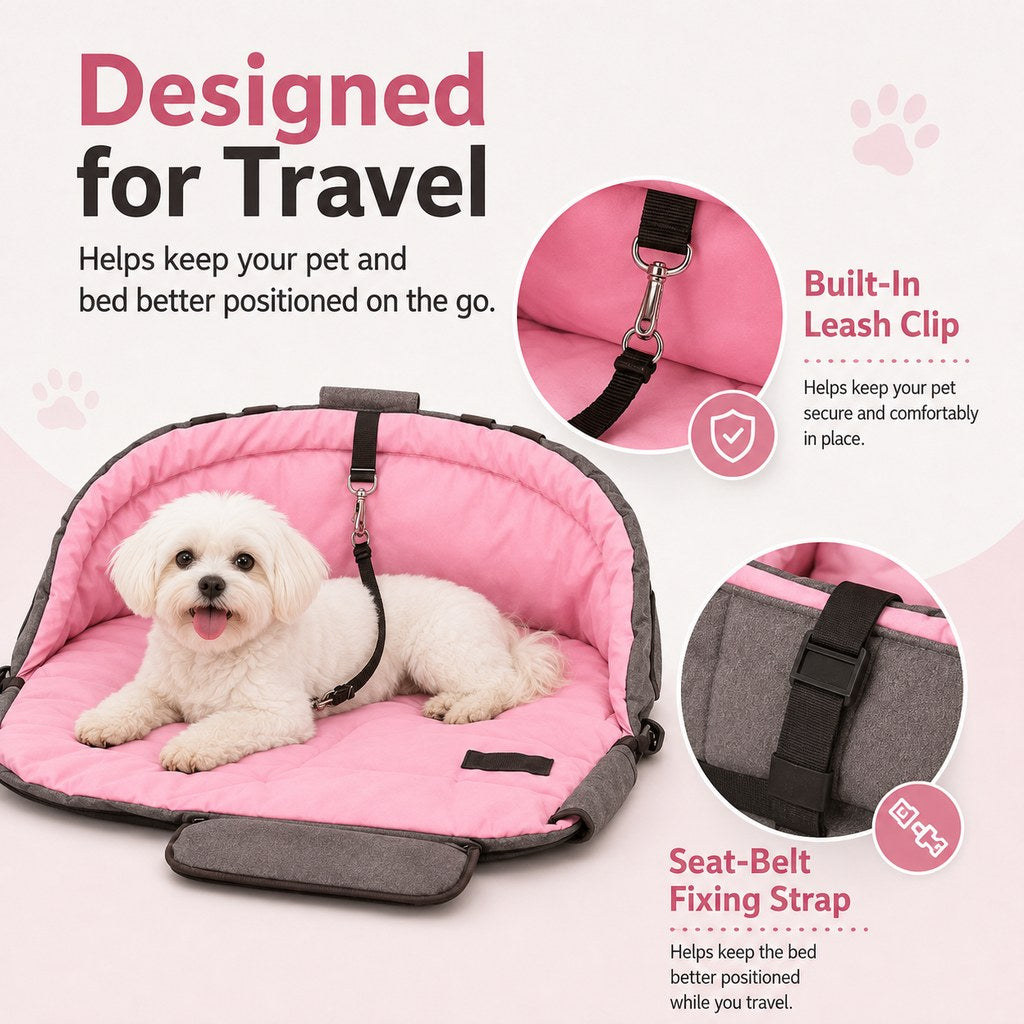 Dog travel bed with built-in leash clip and seat-belt fixing strap