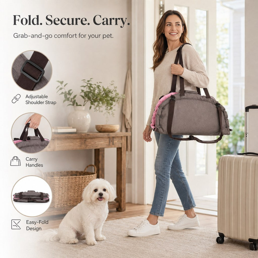 Foldable dog travel bed carried with shoulder strap