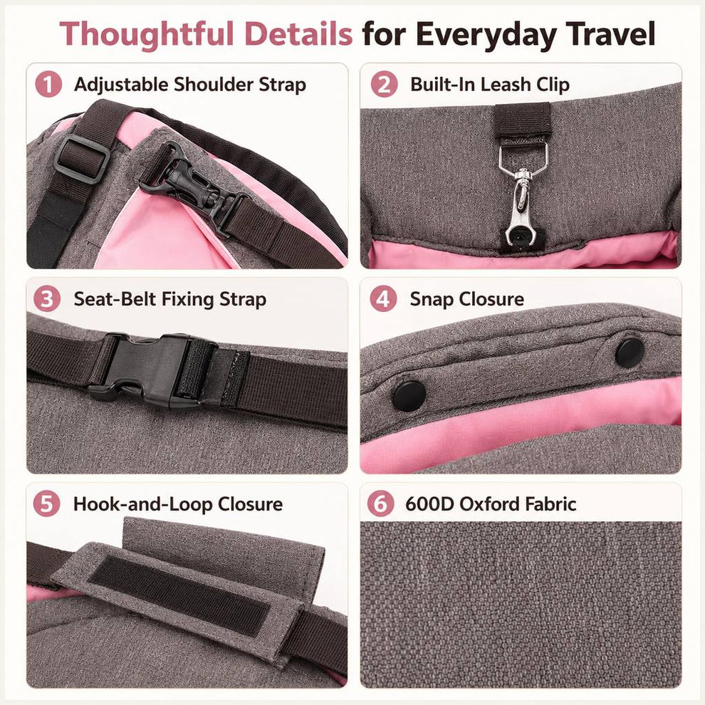 Foldable dog travel bed detail features and attachments