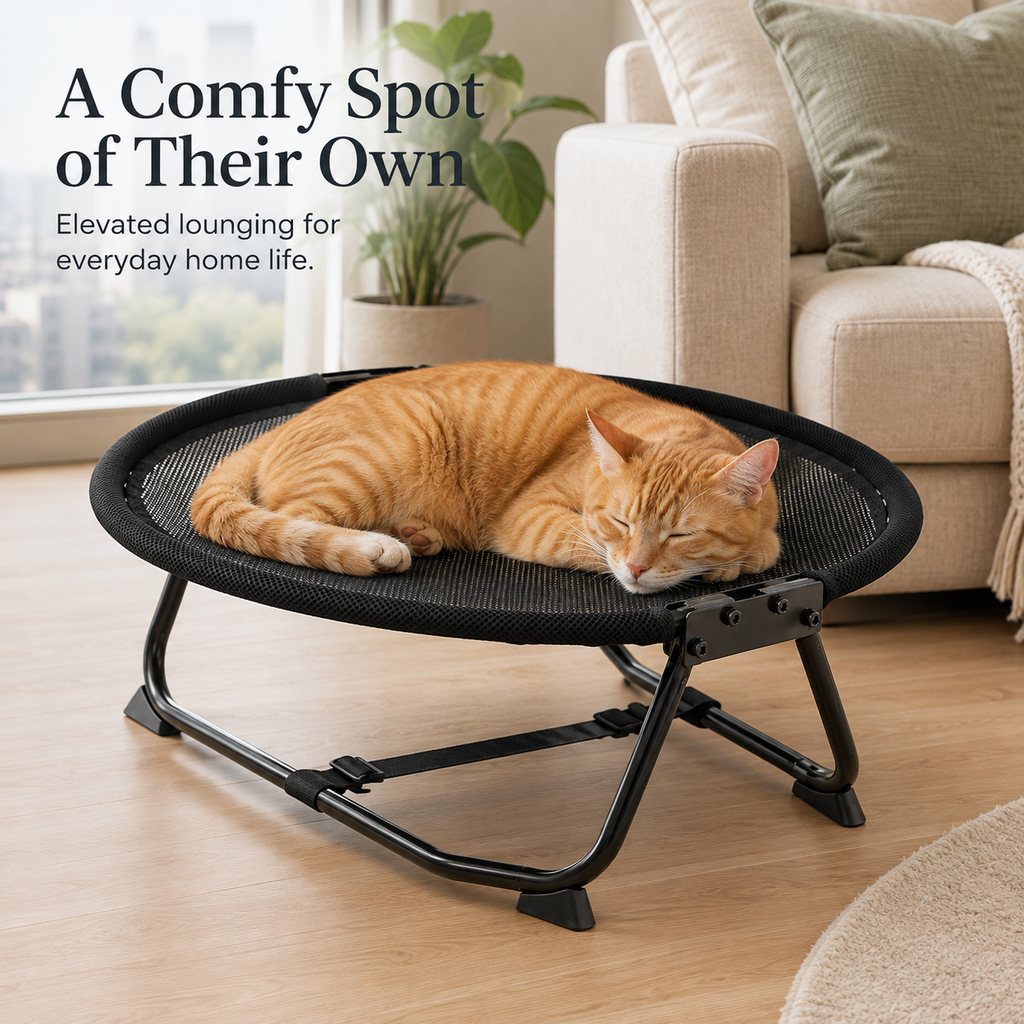 Cat lounging on foldable elevated pet cot