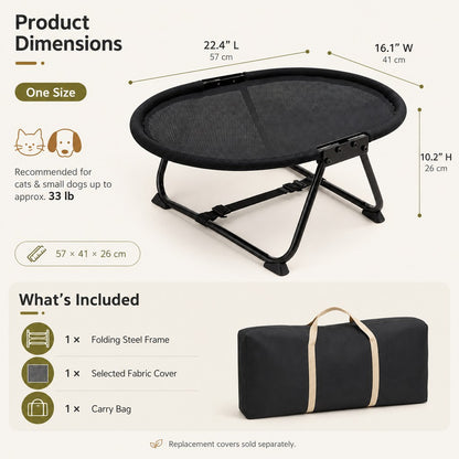 Foldable elevated pet cot size guide and included carry bag