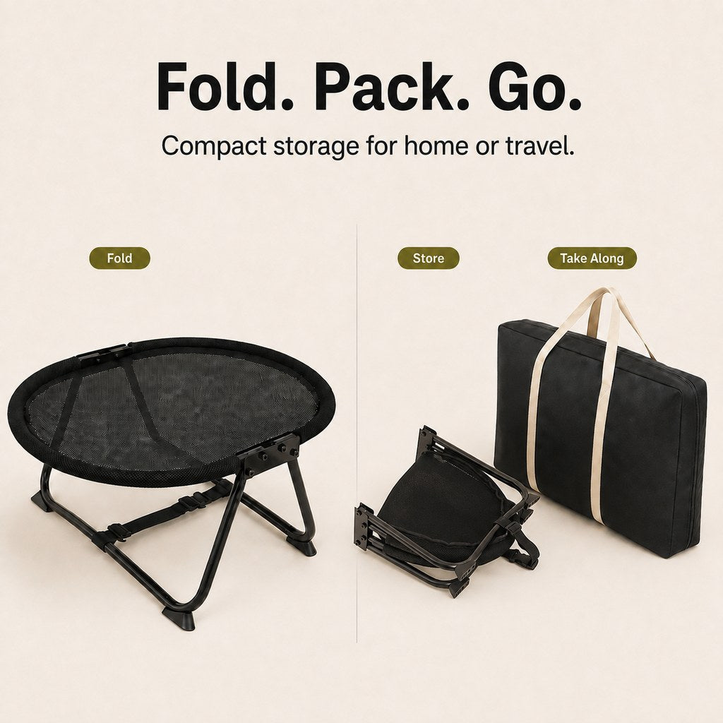 Foldable elevated pet cot folded for storage with carry bag