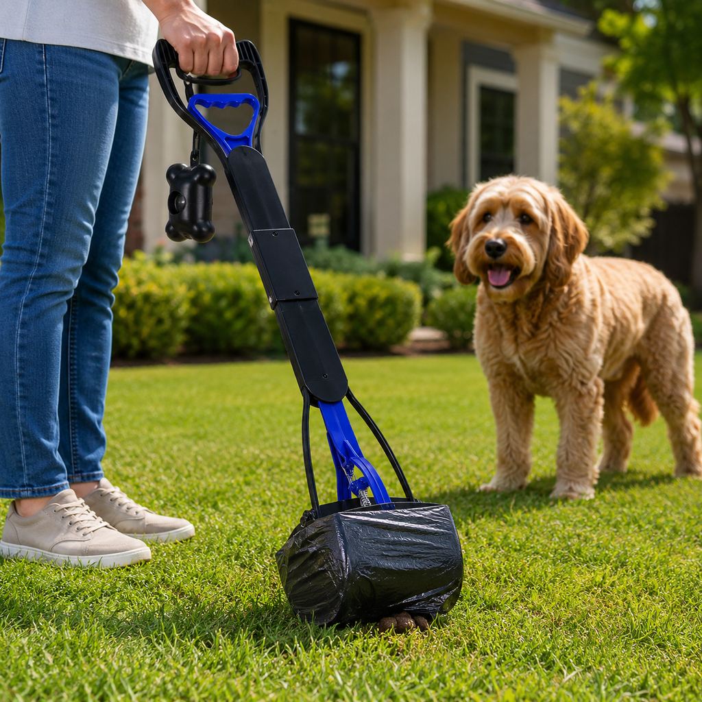 Foldable long-handle dog pooper scooper for backyard cleanup