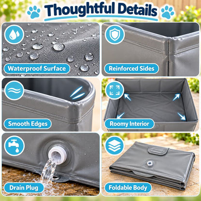 Waterproof surface reinforced sides drain outlet and folded pet bath tub