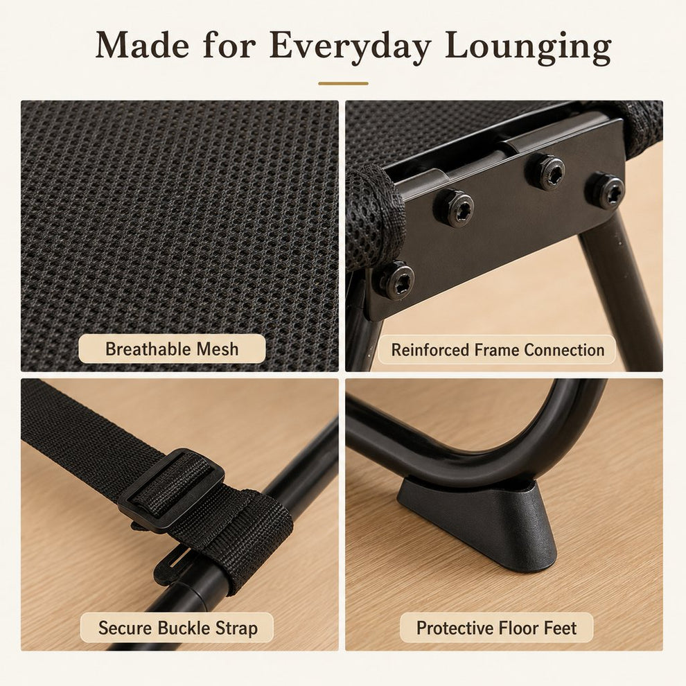 Foldable pet cot detail features with breathable mesh and buckle strap