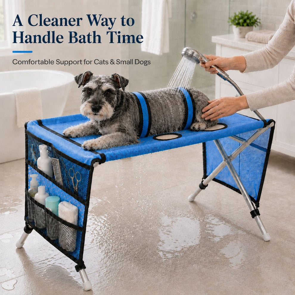 Foldable pet grooming table for supervised small dog bathing and rinsing