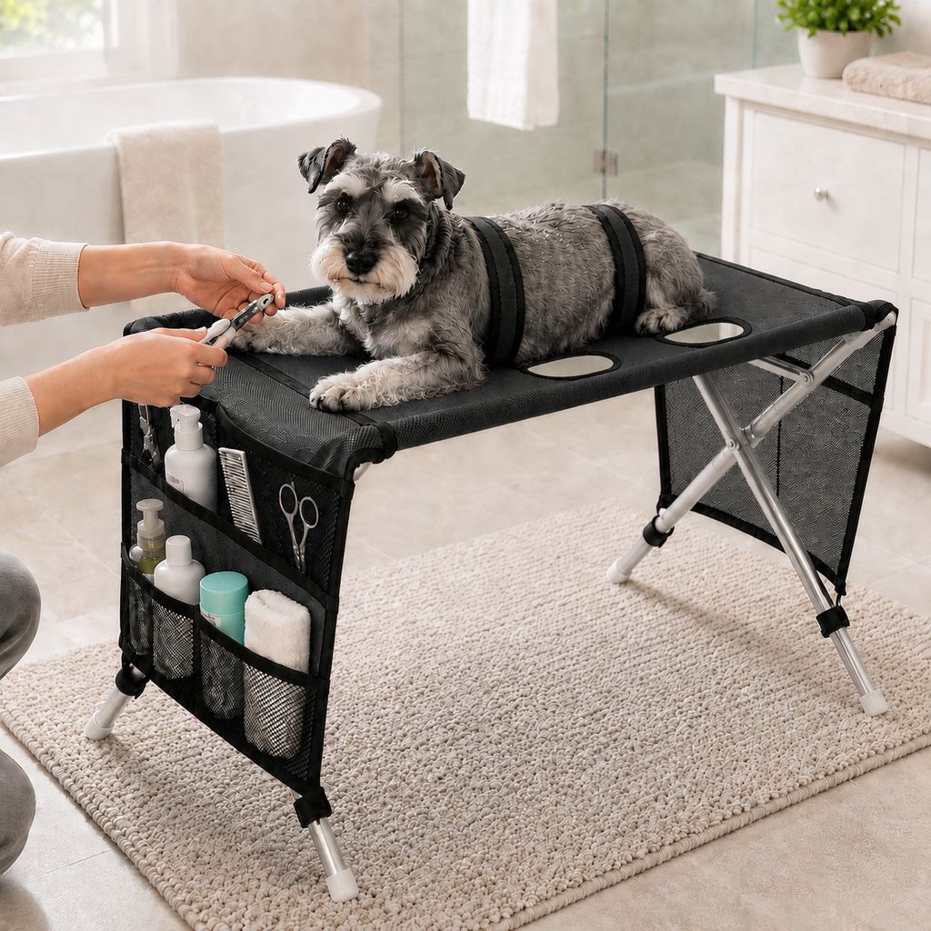 Black foldable pet grooming table for cats and small dogs