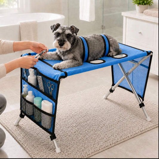 Blue foldable pet grooming table used for small dog nail trimming