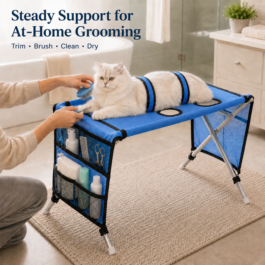 Foldable pet grooming table for supervised cat grooming