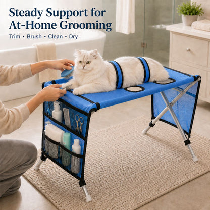 Foldable pet grooming table for supervised cat grooming