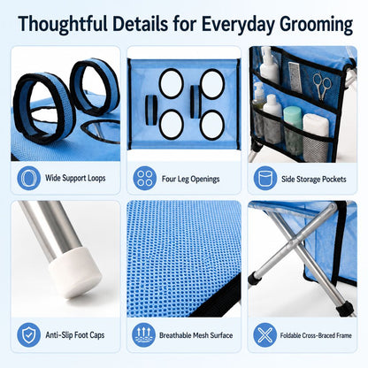 Foldable pet grooming table details with leg openings support loops and side pockets