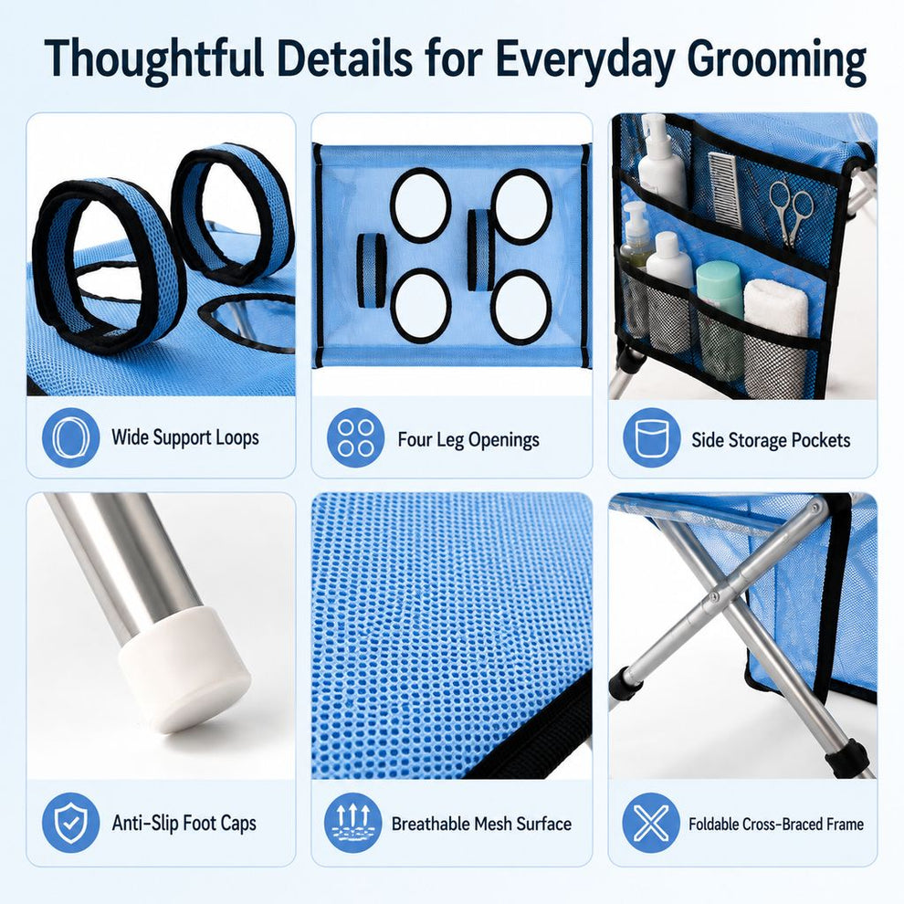 Foldable pet grooming table details with leg openings support loops and side pockets