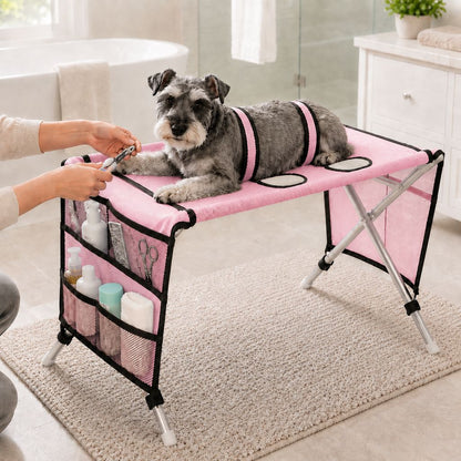 Pink foldable pet grooming table for cats and small dogs