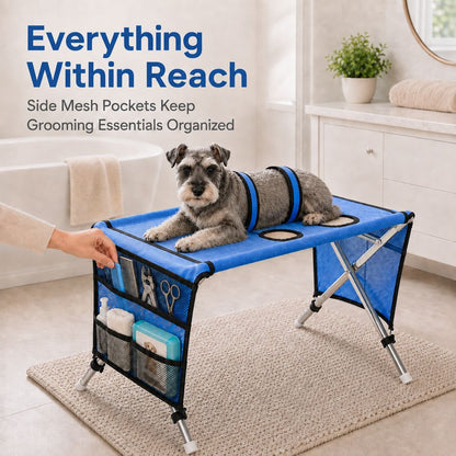 Foldable pet grooming table side mesh pockets for grooming tools