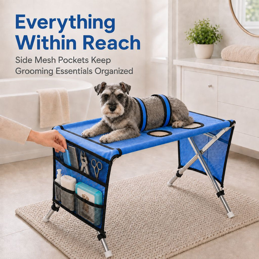 Foldable pet grooming table side mesh pockets for grooming tools