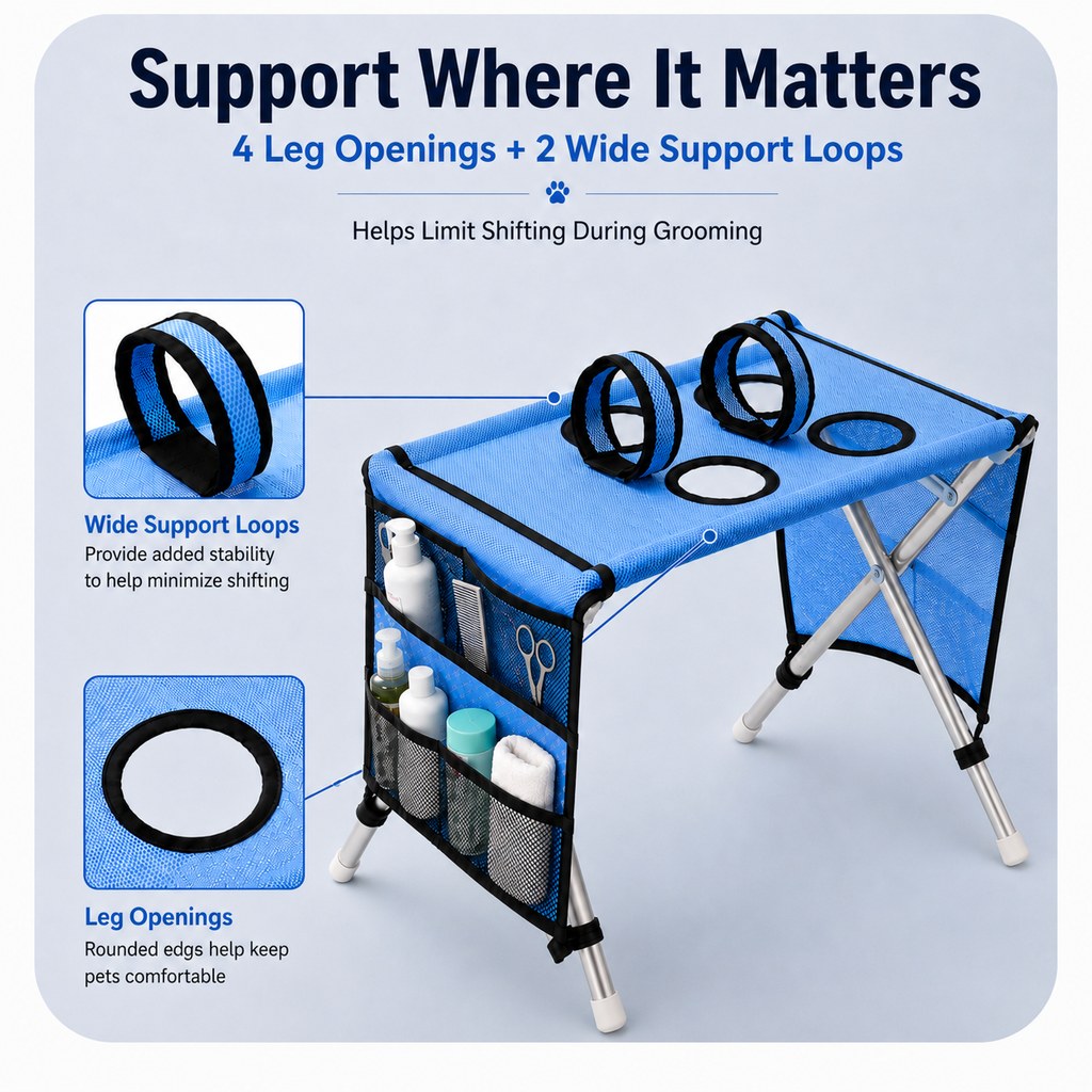 Foldable pet grooming table support loops and four leg openings