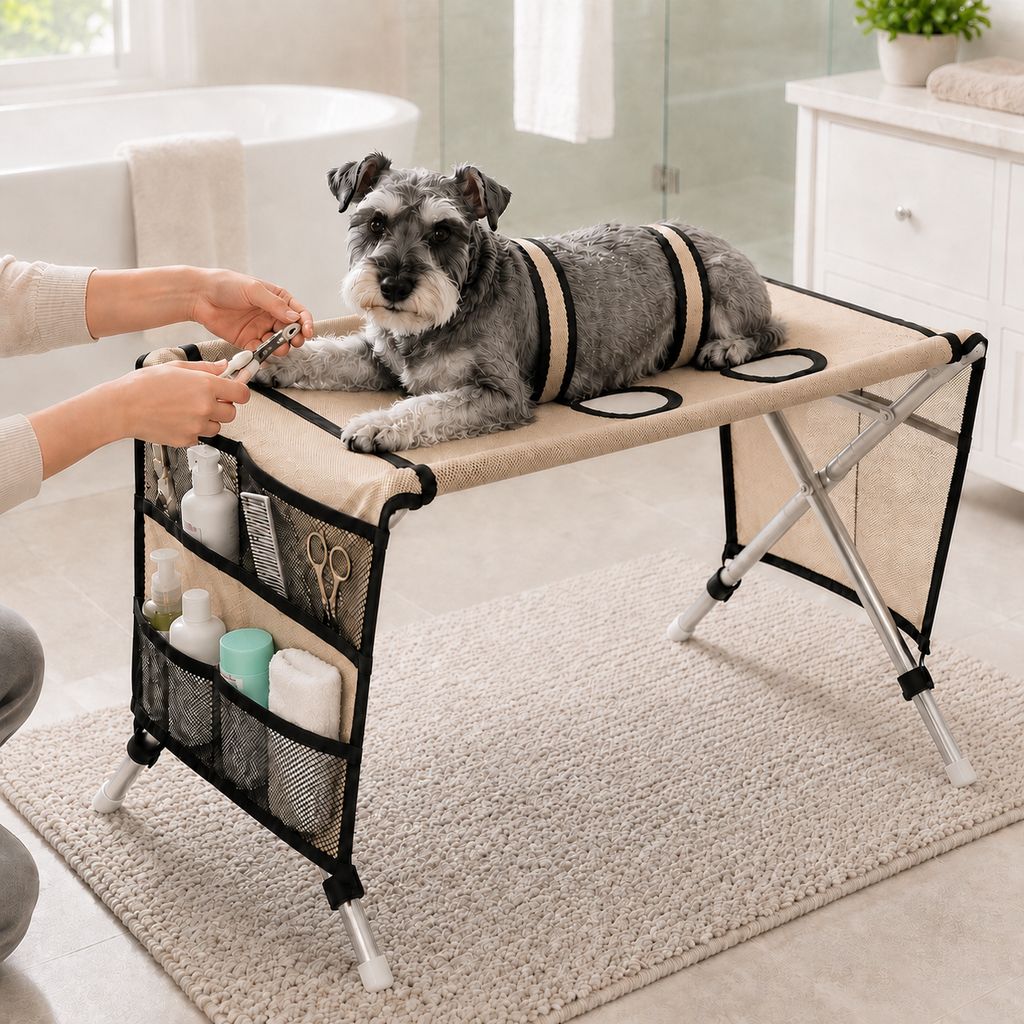Tan foldable pet grooming table for cats and small dogs