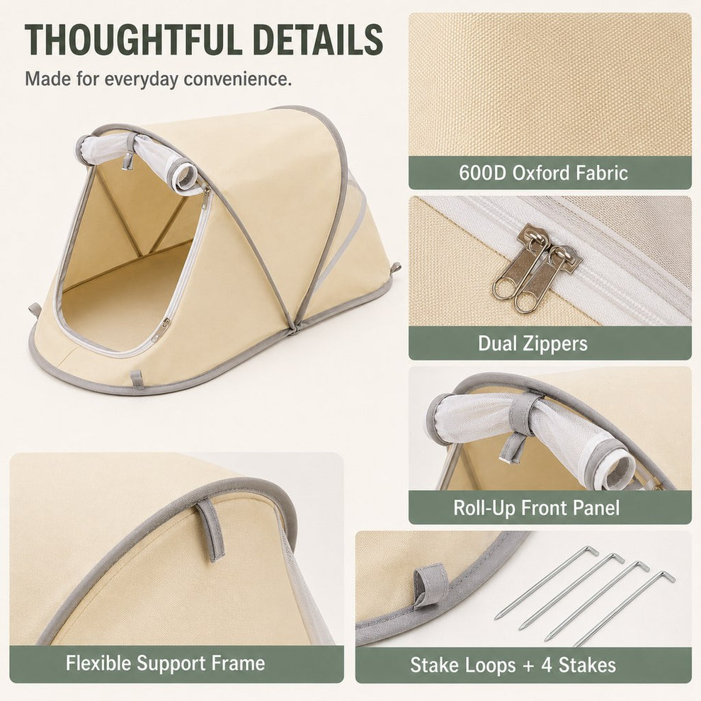 Foldable pet tent thoughtful details dual zippers and stakes