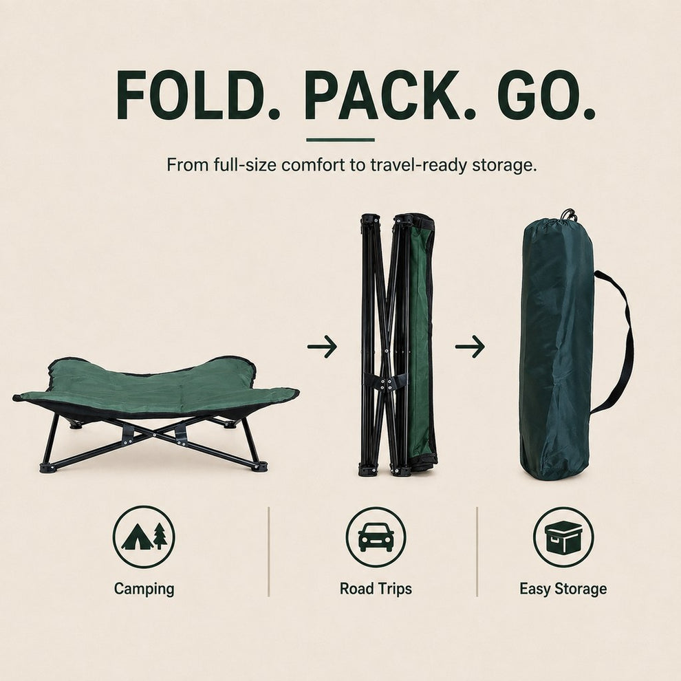 Foldable elevated pet bed packs into included carry bag