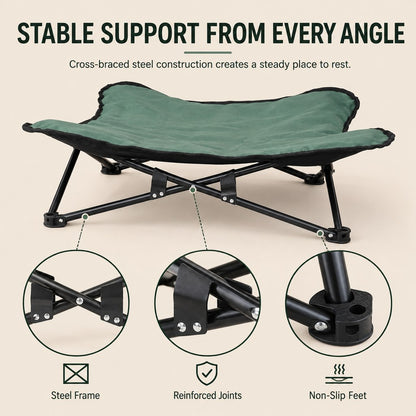 Cross-braced steel frame support on portable elevated pet bed