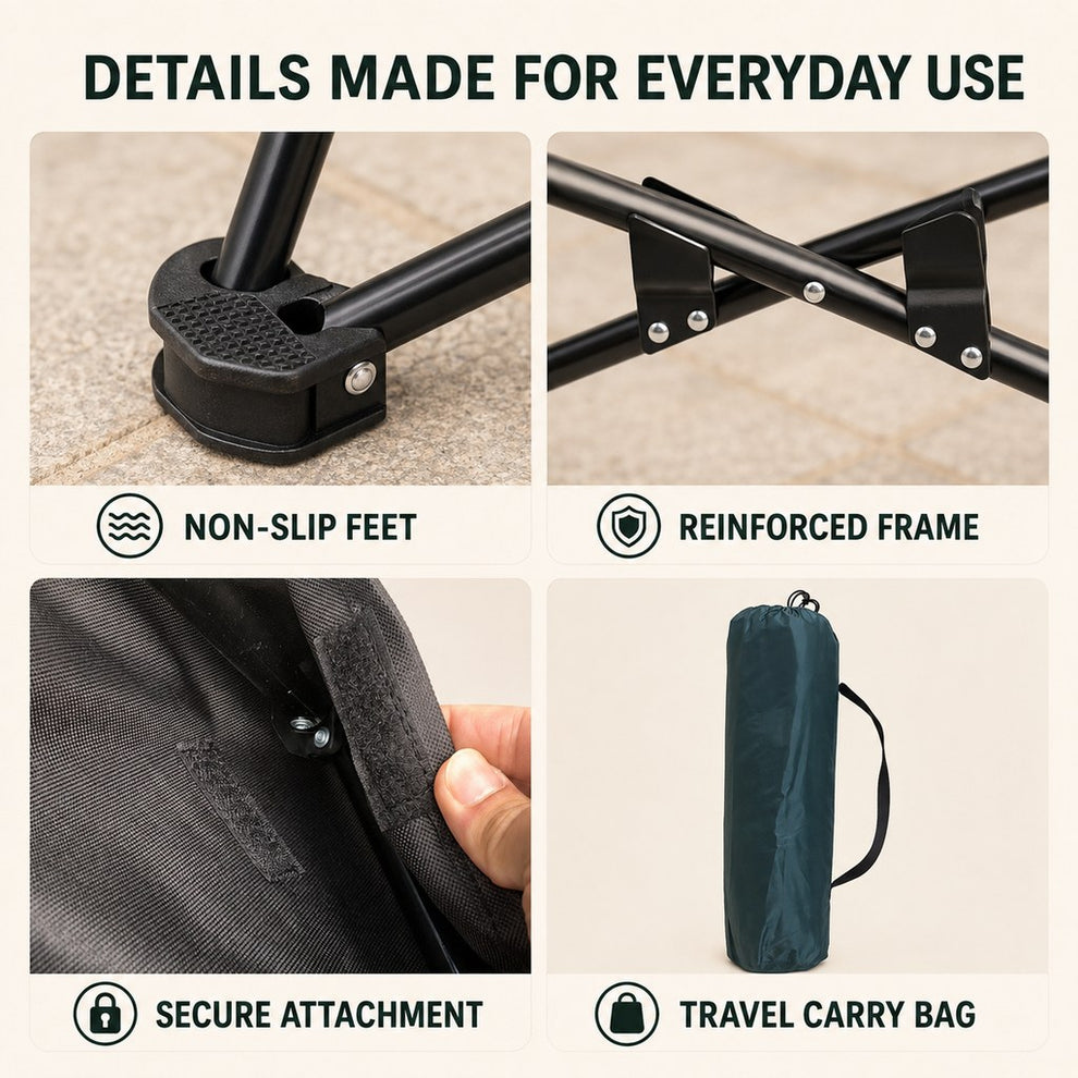 Portable pet cot details with non-slip feet and travel carry bag