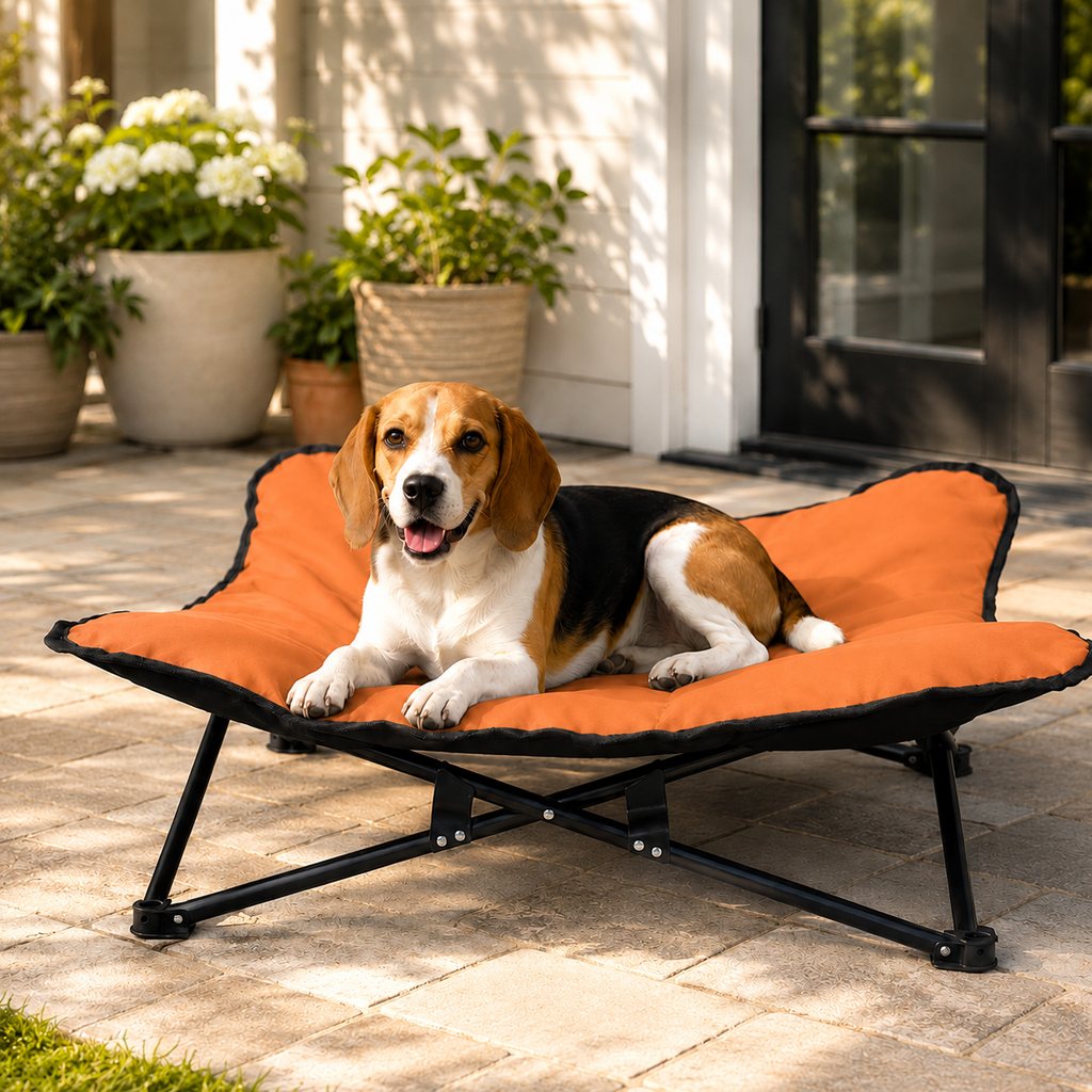 Orange portable folding elevated pet bed for dogs
