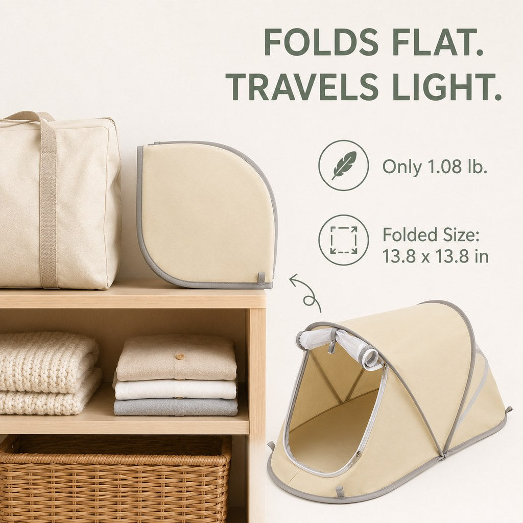 Foldable pet tent folds flat and travels light