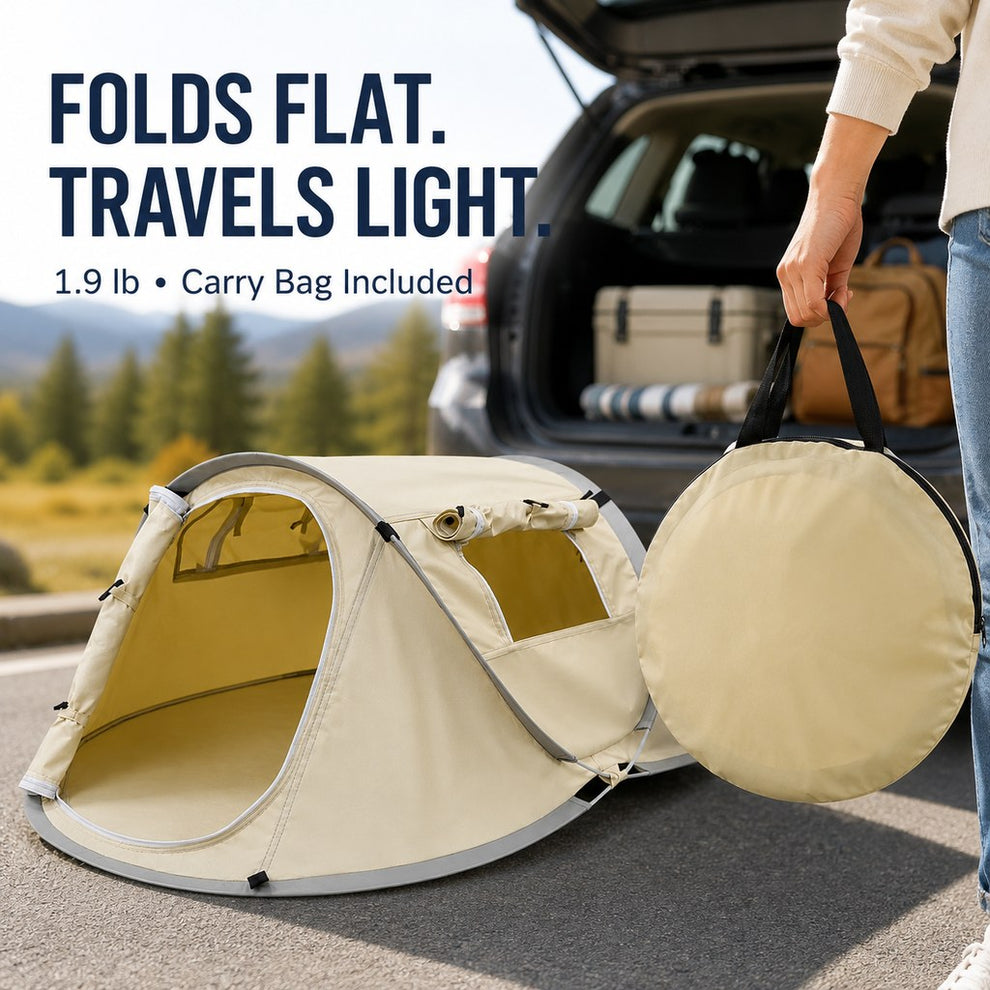 Pet tent folds flat and travels light with carry bag