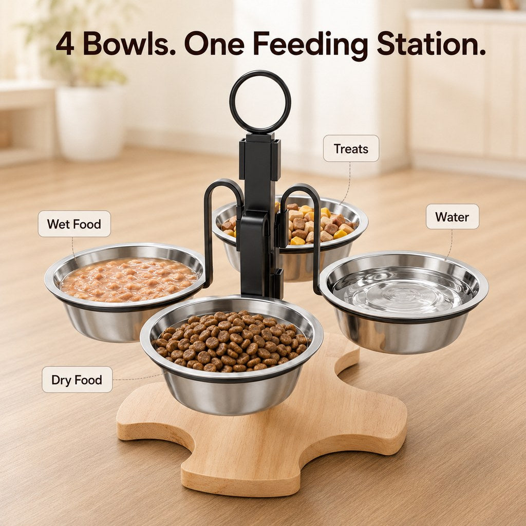 Four removable bowls in one organized pet feeding station