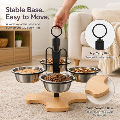 Stable wooden base and top carry ring on elevated pet feeder
