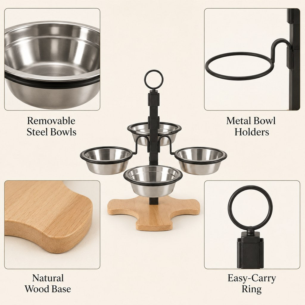 Removable stainless steel bowls and black metal holders