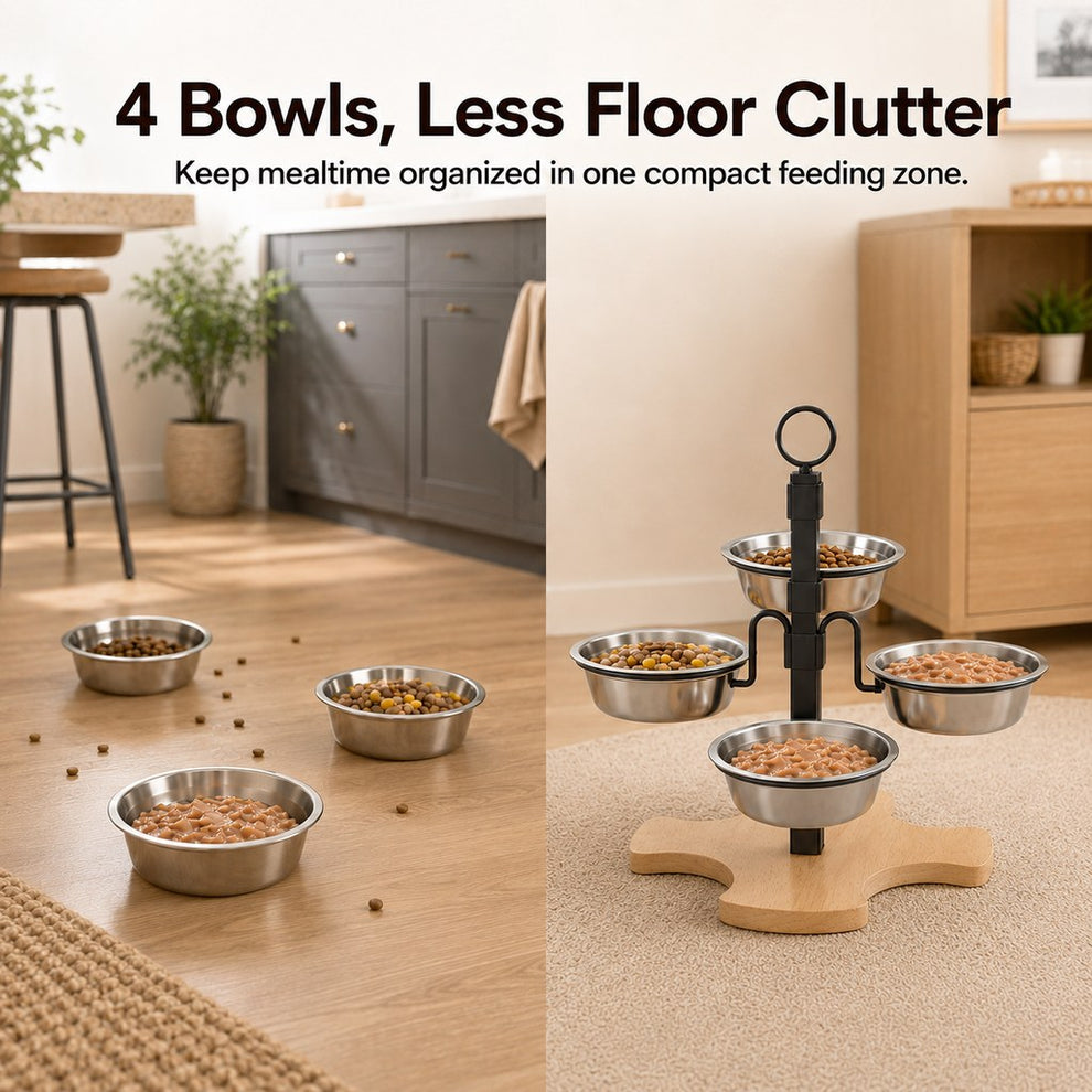 Multi-bowl pet feeding station helps reduce floor clutter