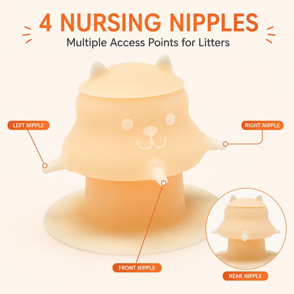 Four nursing nipples on silicone pet feeder
