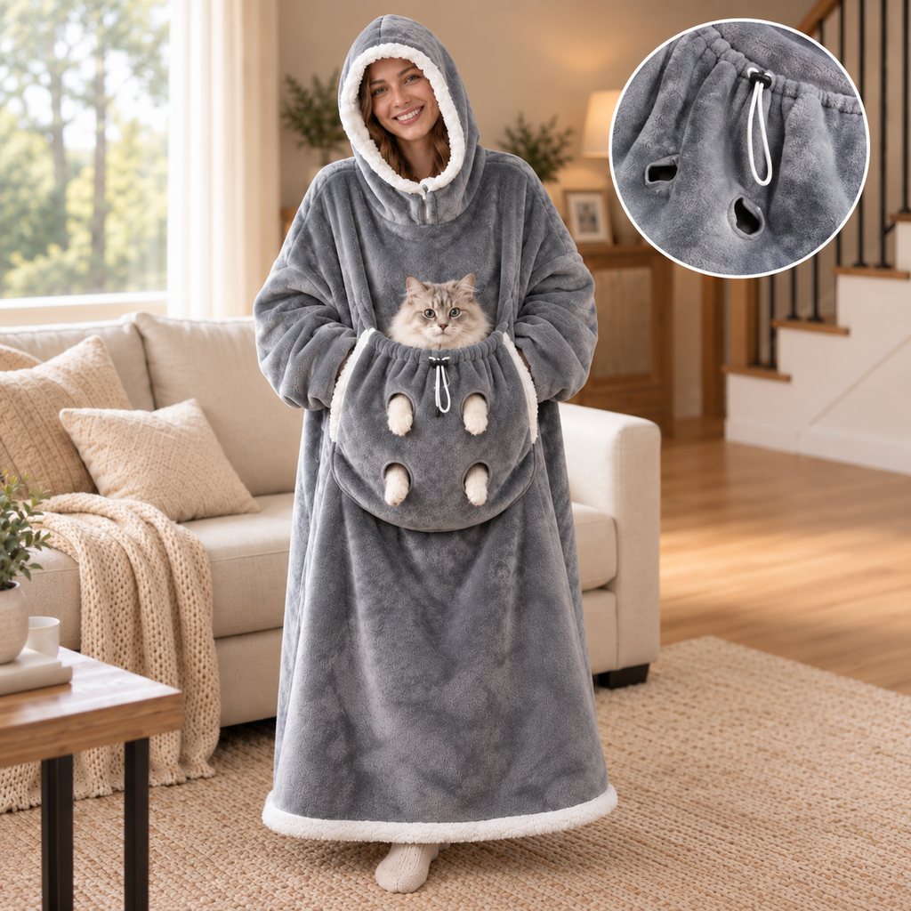 Paws in Awe Oversized Sherpa Wearable Blanket Hoodie with Pet Pouch for Cats & Small Pets – Extra-Long Cozy Lounger for Couch, TV & Cold Nights