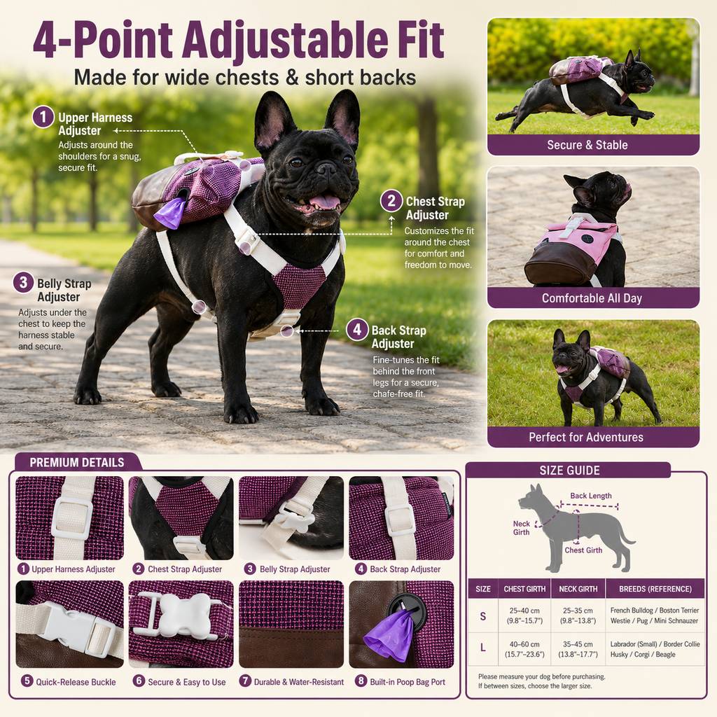 Four-point adjustable Frenchie harness