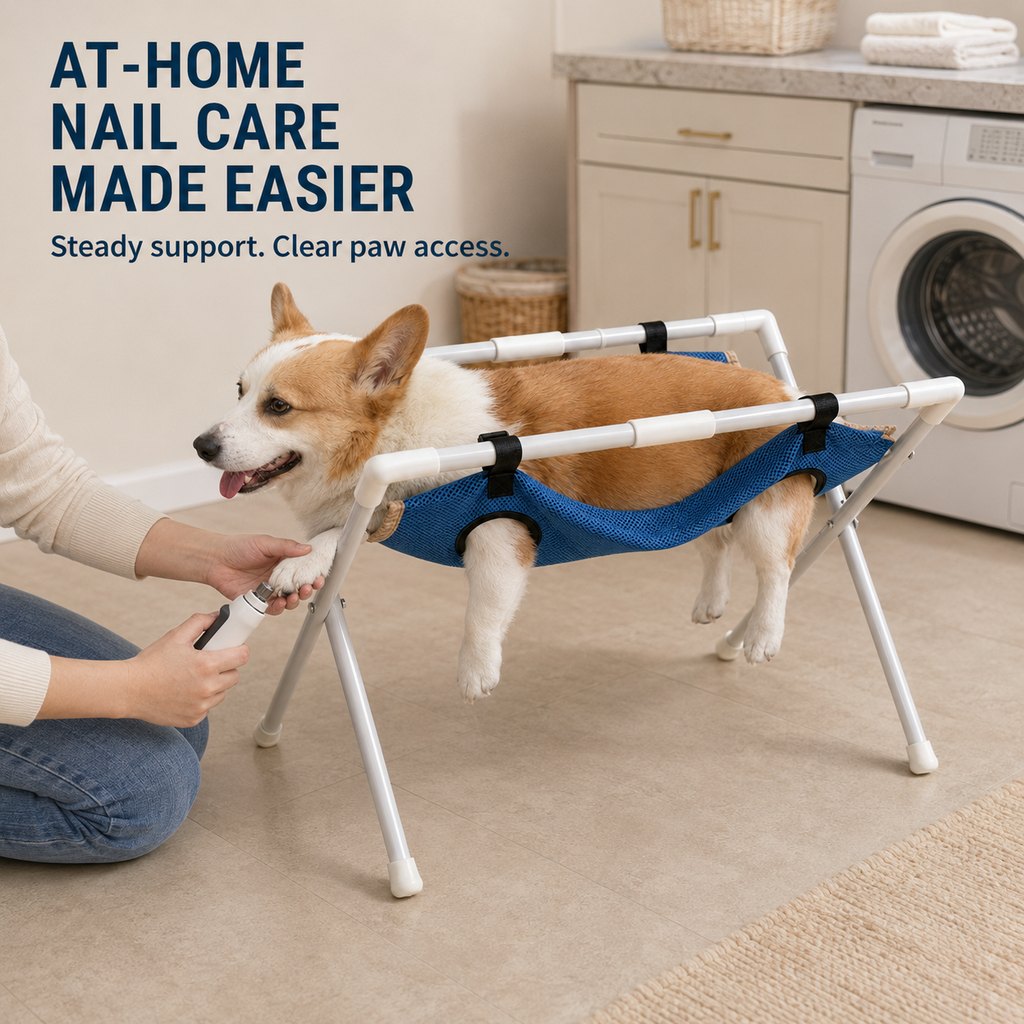 At-home nail care with freestanding pet grooming hammock stand