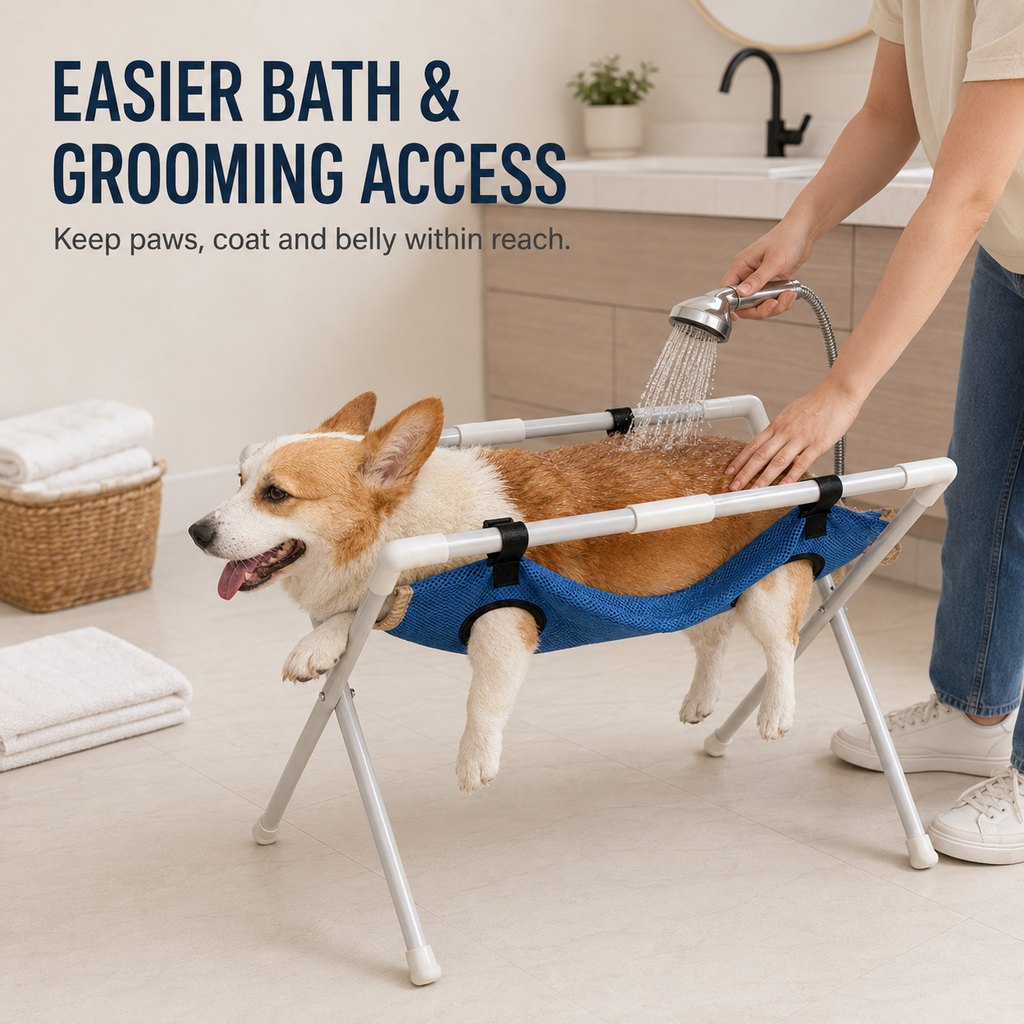 Pet grooming hammock keeps paws accessible for bath and grooming care