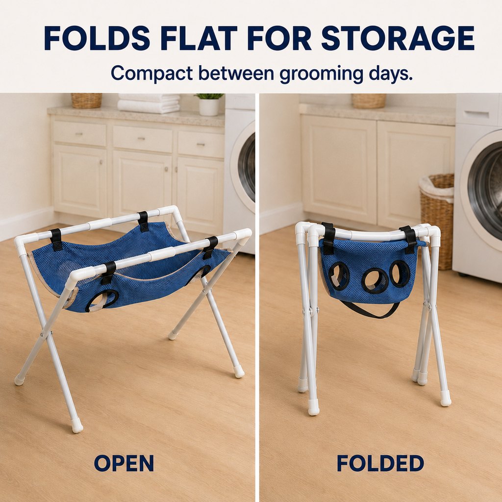 Foldable pet grooming hammock stand open and folded storage view
