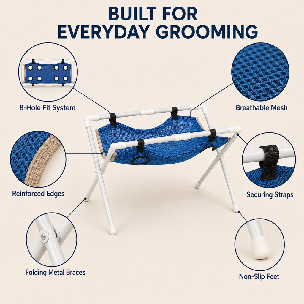 Pet grooming hammock stand product details and folding frame features