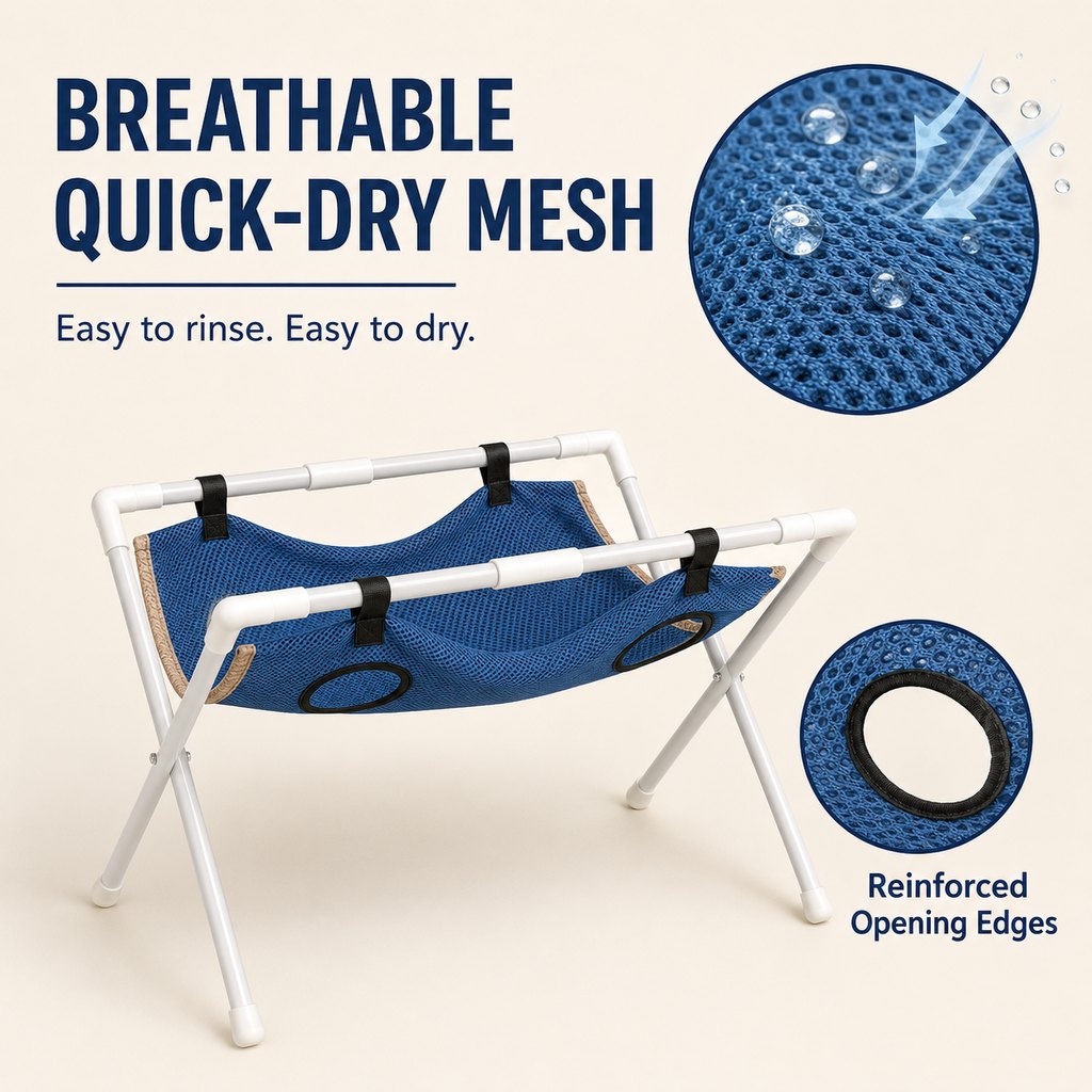 Blue quick dry mesh pet grooming hammock with reinforced openings