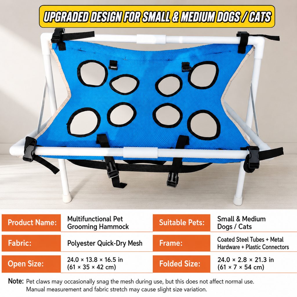 Freestanding pet grooming hammock size fit and package information