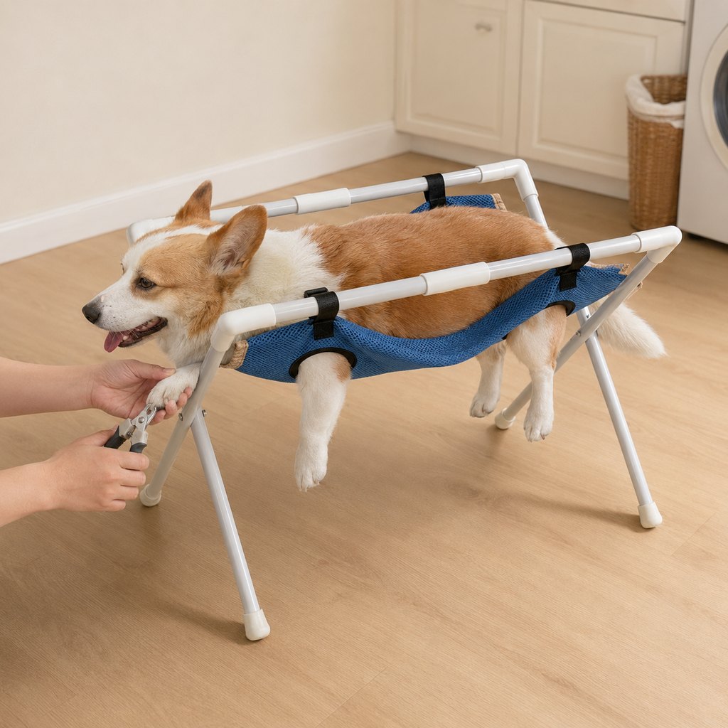 Freestanding foldable pet grooming hammock stand for dogs and cats