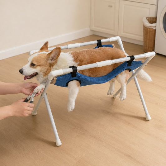 Freestanding foldable pet grooming hammock stand for dogs and cats
