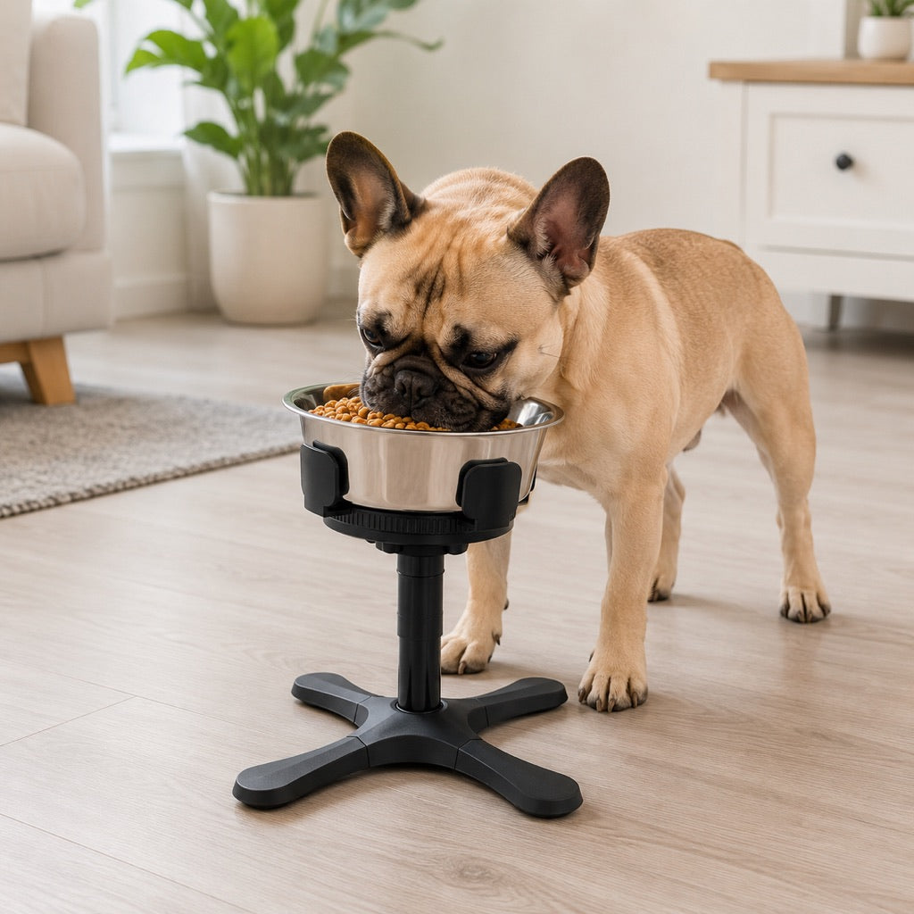 French Bulldog eating from adjustable elevated tilted dog bowl
