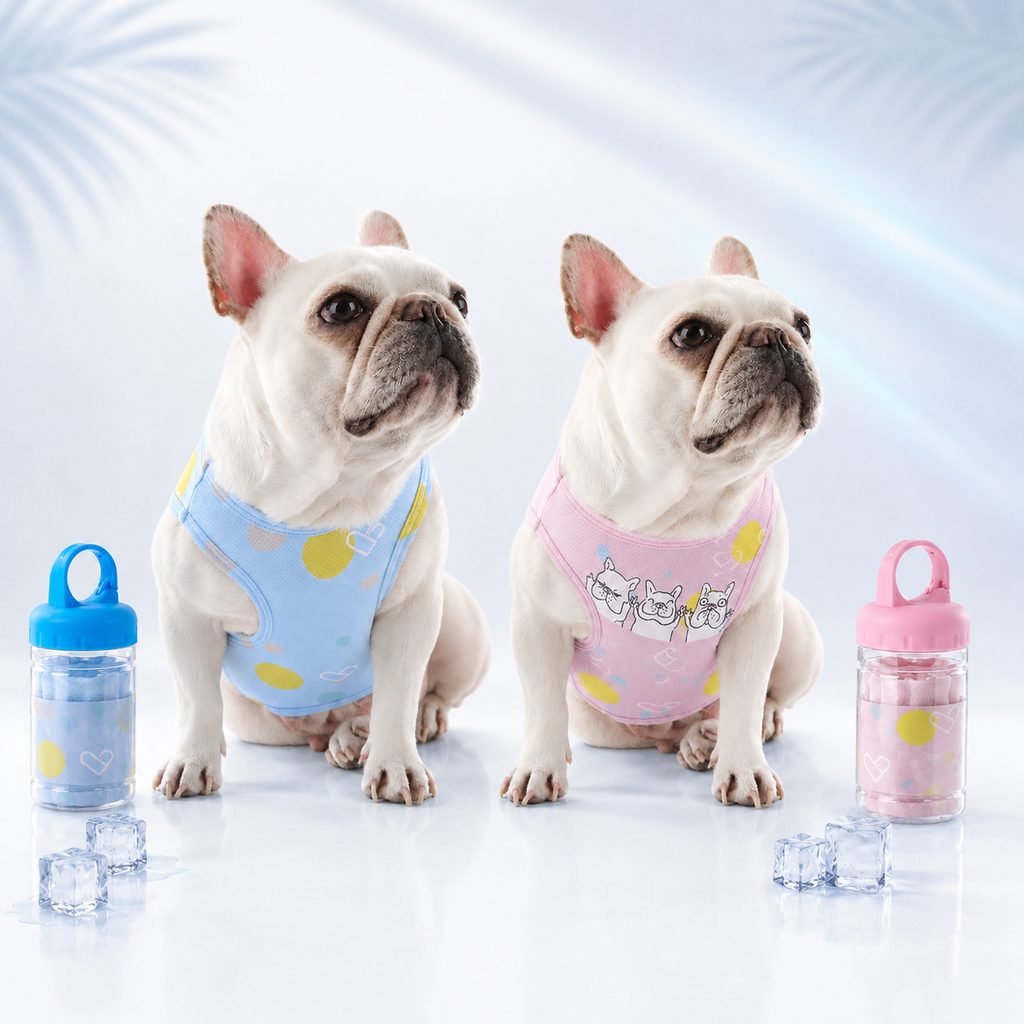 Blue and pink French Bulldog cooling vest bundle set for summer walks