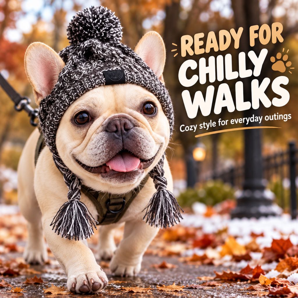 French Bulldog in a knitted winter hat on a chilly autumn walk