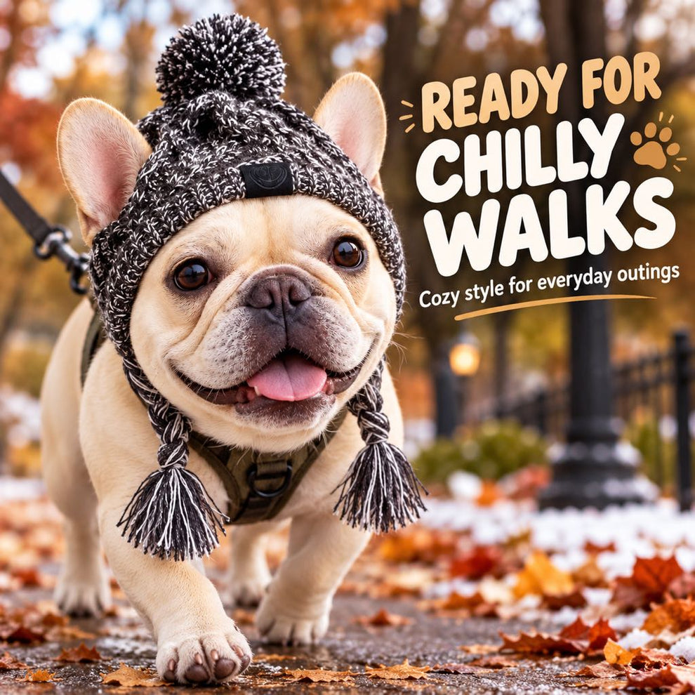 French Bulldog in a knitted winter hat on a chilly autumn walk