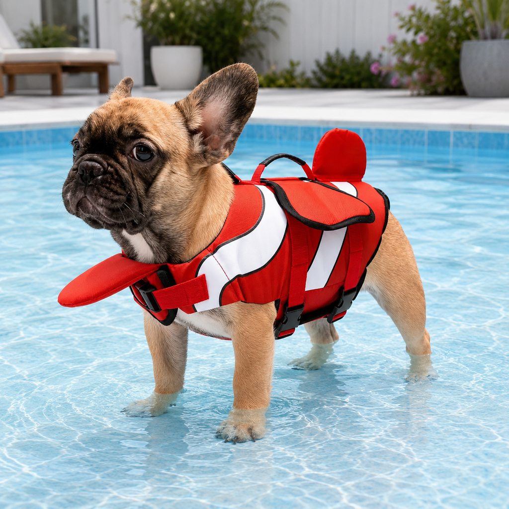 French Bulldog red life jacket with chin support and grab handle main image